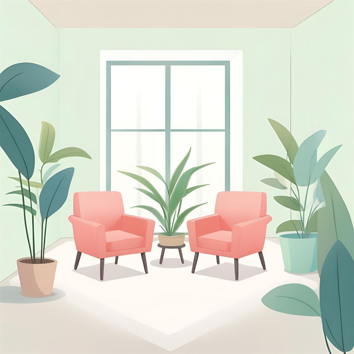 A calm therapy room with two armchairs facing each other, a large window and plants