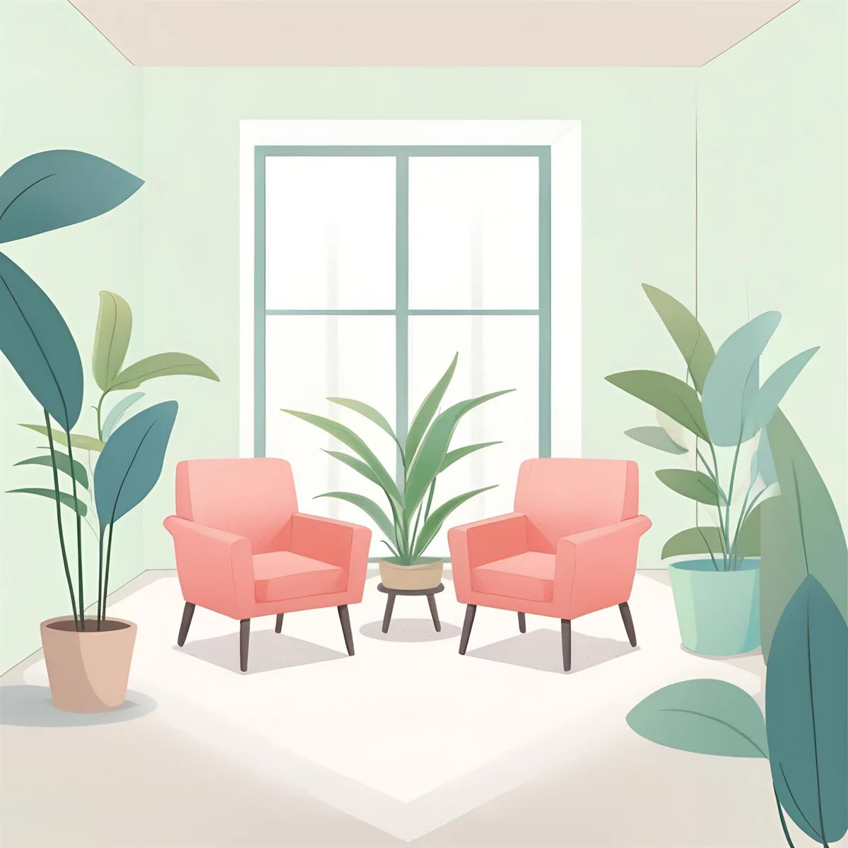 A calm therapy room with two armchairs facing each other, a large window and plants